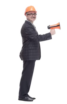 side view. an architect with a megaphone pointing to an ad on a white wall. isolated on a white