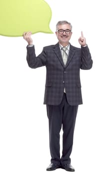 in full growth. casual man with a thought bubble pointing up. isolated on a white background