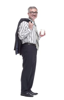 full length . smiling casual man with takeaway coffee. isolated on a white background