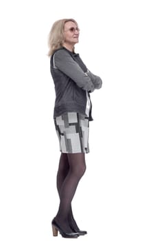 side view. a serious young woman looks intently ahead. isolated on a white background