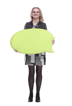 in full growth. a young woman with a speech bubble pointing at you. isolated on a white