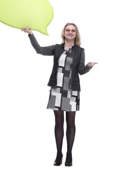in full growth. a young woman with a speech bubble. isolated on a white background