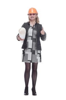 in full growth. a young woman architect in a protective helmet. isolated on a white background