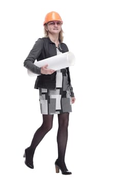in full growth. qualified female architect stepping forward . isolated on a white background