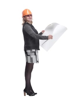 side view. woman architect with a drawing looking at you. isolated on a white background