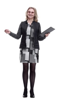 in full growth. attractive young woman taking notes in the clipboard .isolated on a white background
