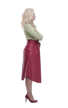 side view. smiling young woman looking at you. isolated on a white background