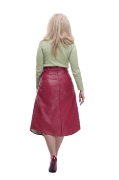 rear view. a blonde woman looking at a white screen. isolated on a white background