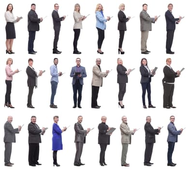 group of successful people with notepad in hands isolated on white background