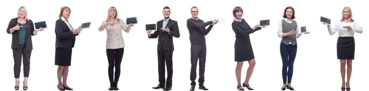 group of people demonstrating tablet isolated on white background