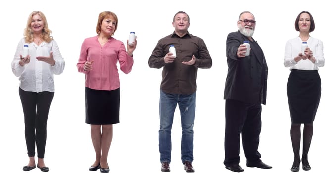 group of people taking a pill isolated on white background