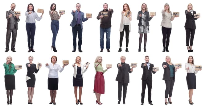 group of happy people with gifts in their hands isolated on white background