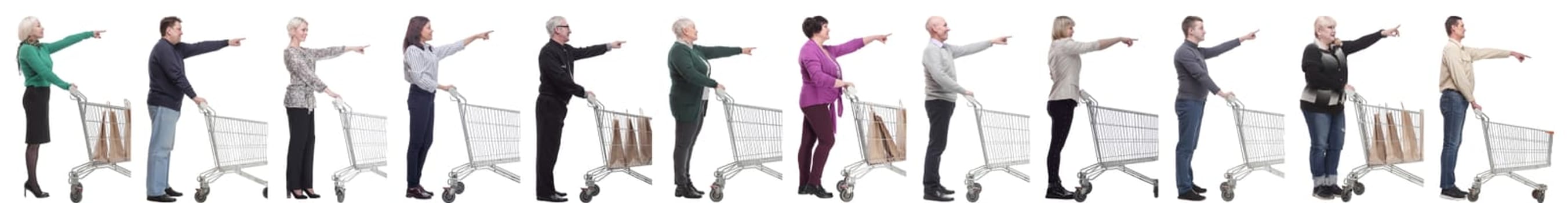 a group of people with a shopping cart point their fingers in front of them on a white background