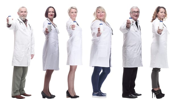 group of doctors holding jar isolated on white background