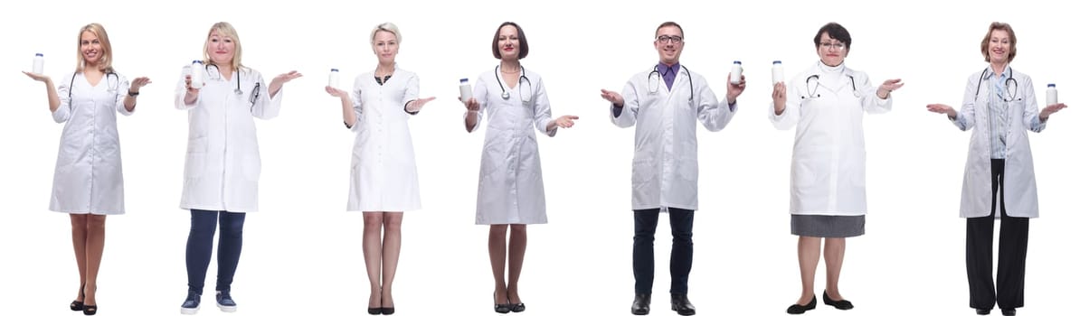 group of doctors holding jar isolated on white background