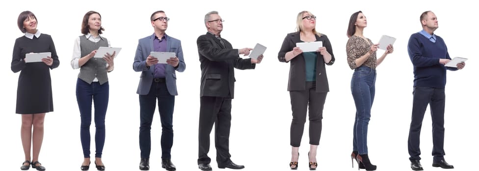 a group of people are holding a tablet and looking to the side isolated on a white background