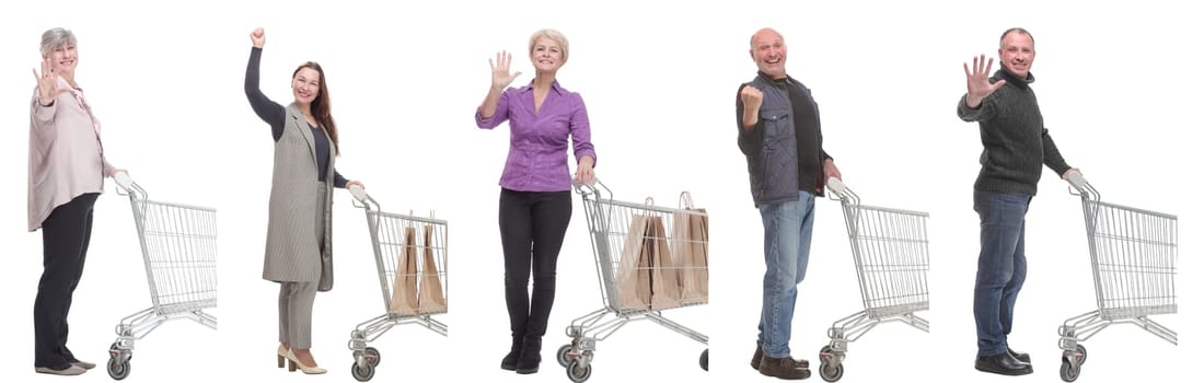 group of people with cart isolated on white background