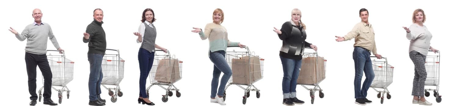 group of people with cart and outstretched hand thumbs up isolated on white background