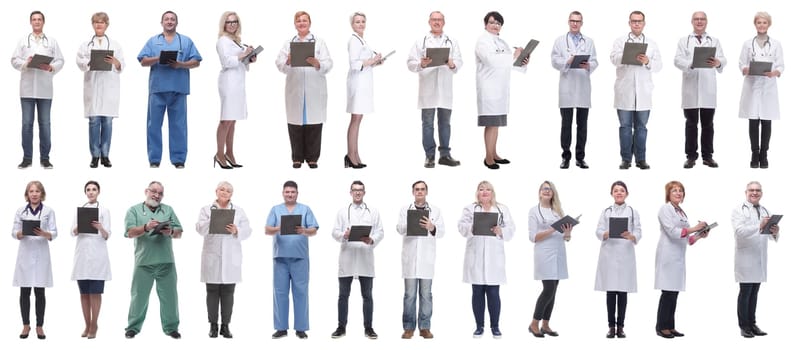 group of doctors in full length isolated on white background