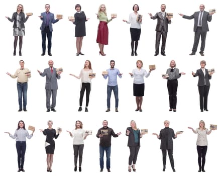 group of happy people with gifts in their hands isolated on white background