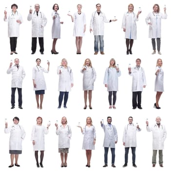 group of doctors holding jar isolated on white background