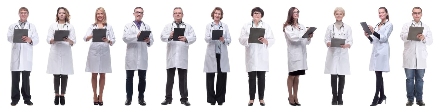 group of doctors in full length isolated on white background