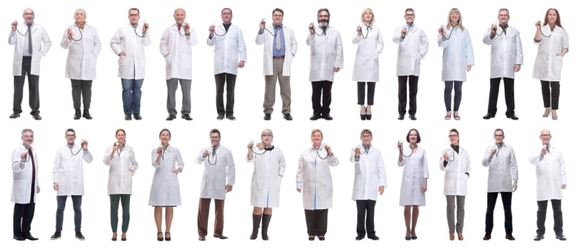 group of doctors holding stethoscope isolated on white background