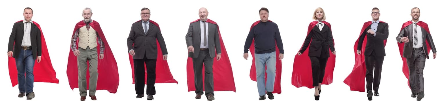 group of people in red raincoat isolated on white background