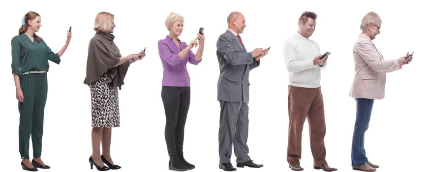 group of people profile holding phone in hand isolated on white background