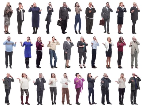 group of people holding phone in hand isolated on white background