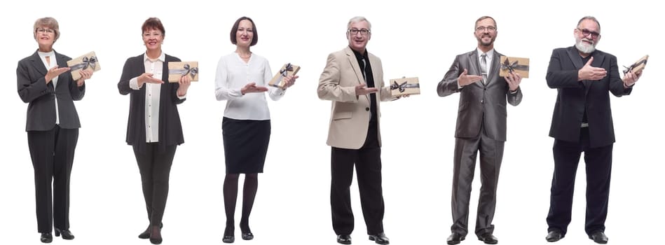 group of happy people with gifts in their hands isolated on white background