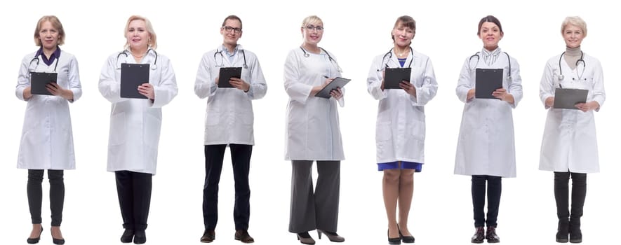 group of doctors in full length isolated on white background