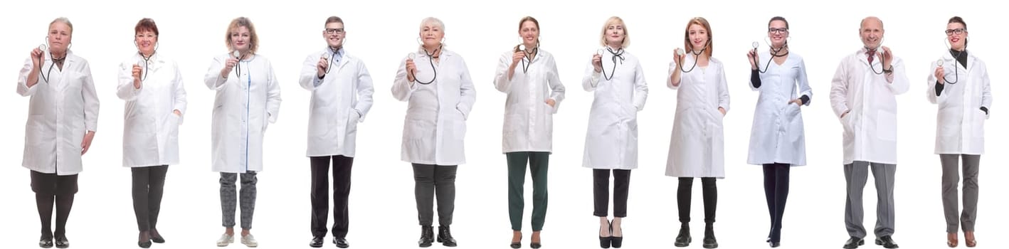 group of doctors holding stethoscope isolated on white background