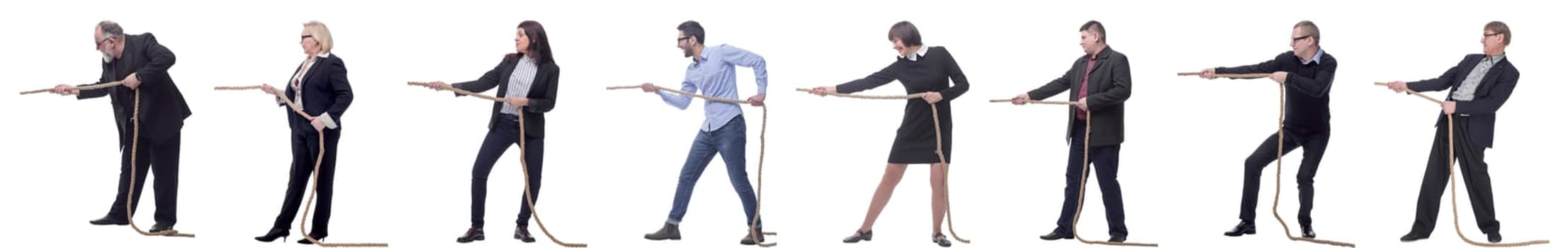 Business people pulling rope isolated on white background