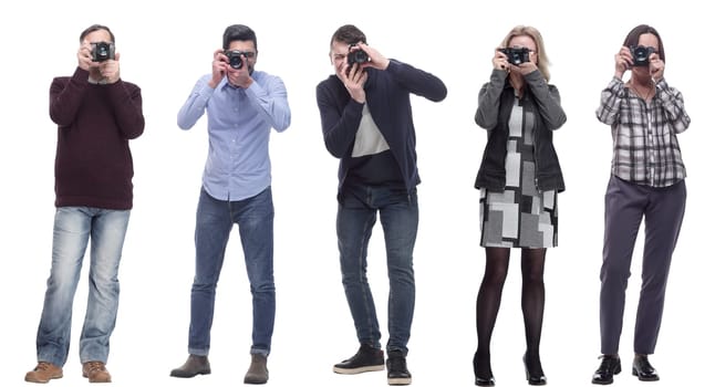 Many Double Twelve Group paparazzi photographers with cameras isolated on white collage