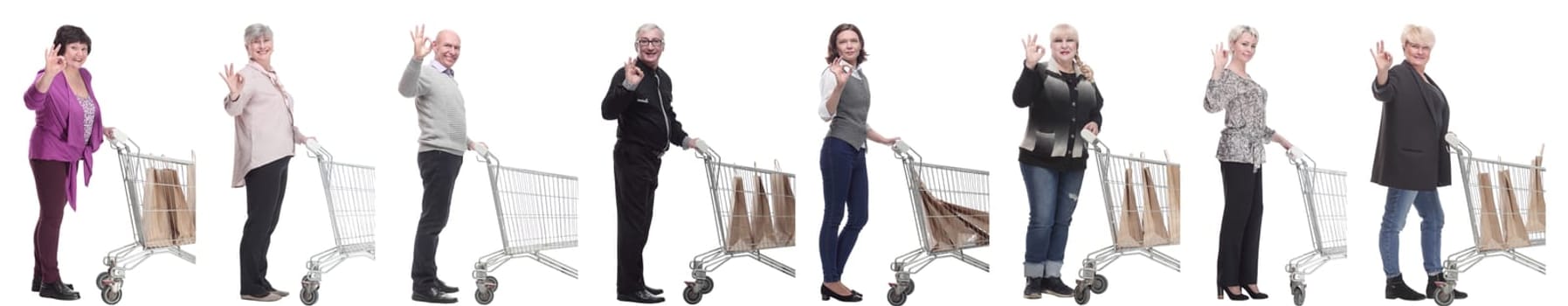 group of people in profile with shopping cart isolated on white background