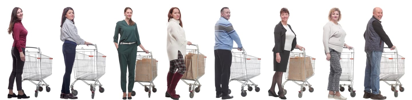 group of people with cart isolated on white background