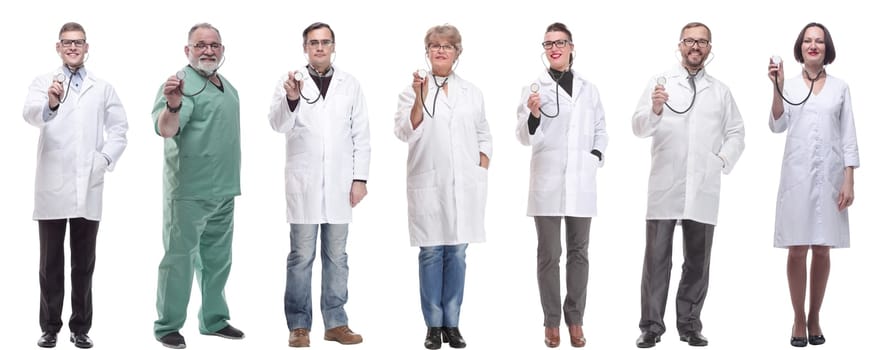 group of doctors holding stethoscope isolated on white background