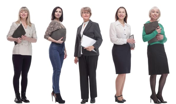 group of successful people with notepad in hands isolated on white background