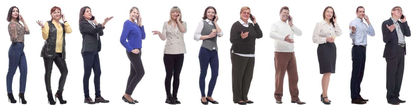 group of people holding phone in hand isolated on white background