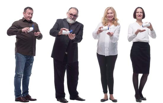 group of people taking a pill isolated on white background