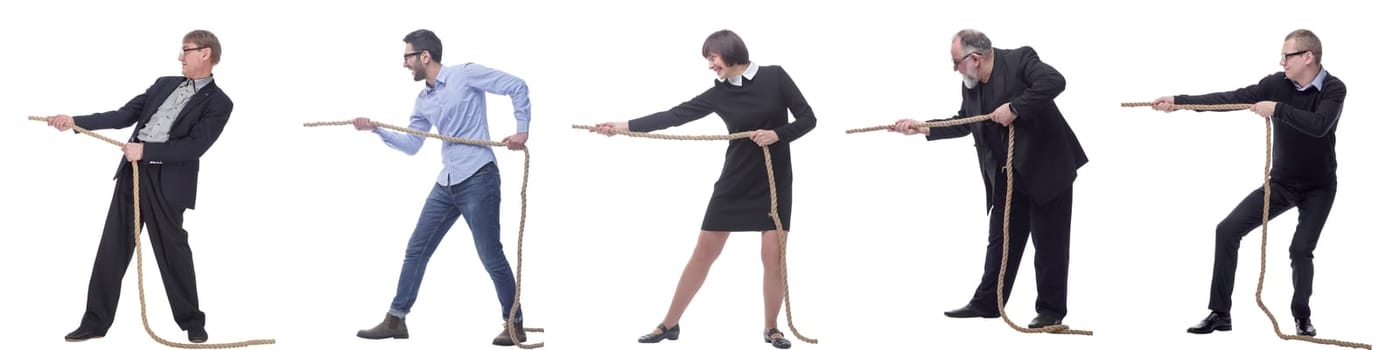 Business people pulling rope isolated on white background