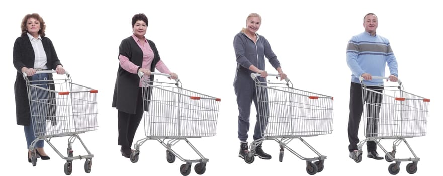 a group of people with a shopping cart stand in a row isolated on a white background