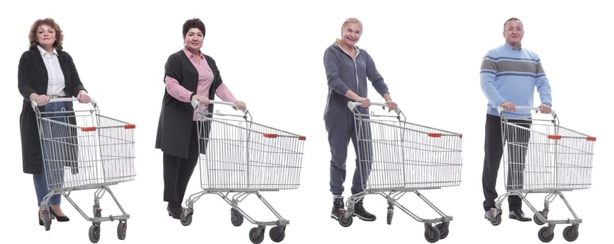 a group of people with a shopping cart stand in a row isolated on a white background