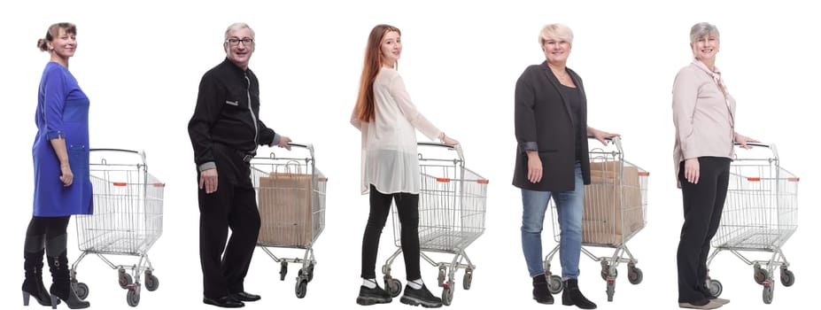 group of people with cart isolated on white background