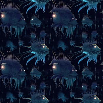 Seamless background of deep sea monsters and fish on a dark blue background, with bioluminescent features. Surrealism art style. AI generated