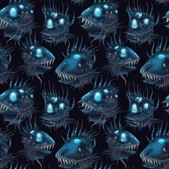 Seamless background of deep sea monsters and fish on a dark blue background, with bioluminescent features. Surrealism art style. AI generated