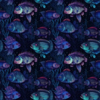 Seamless background of deep sea fish on a dark blue background, with bioluminescent features. Surrealism art style.AI generated