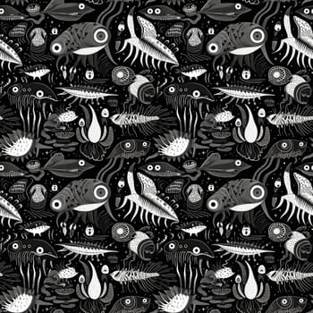 Seamless background of deep sea monsters and fish on a black background, with modern minimalist black and white art style.AI generated