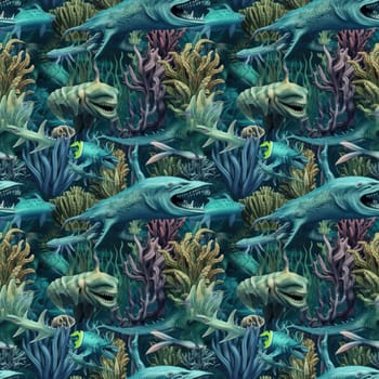 Seamless background of deep sea monsters and fish. Modern surrealism art style.AI generated